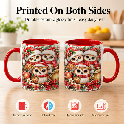 #pl[11oz|Red] Christmas Owl Family Coffee Mug, Winter Bird Mug, Ceramic Cup