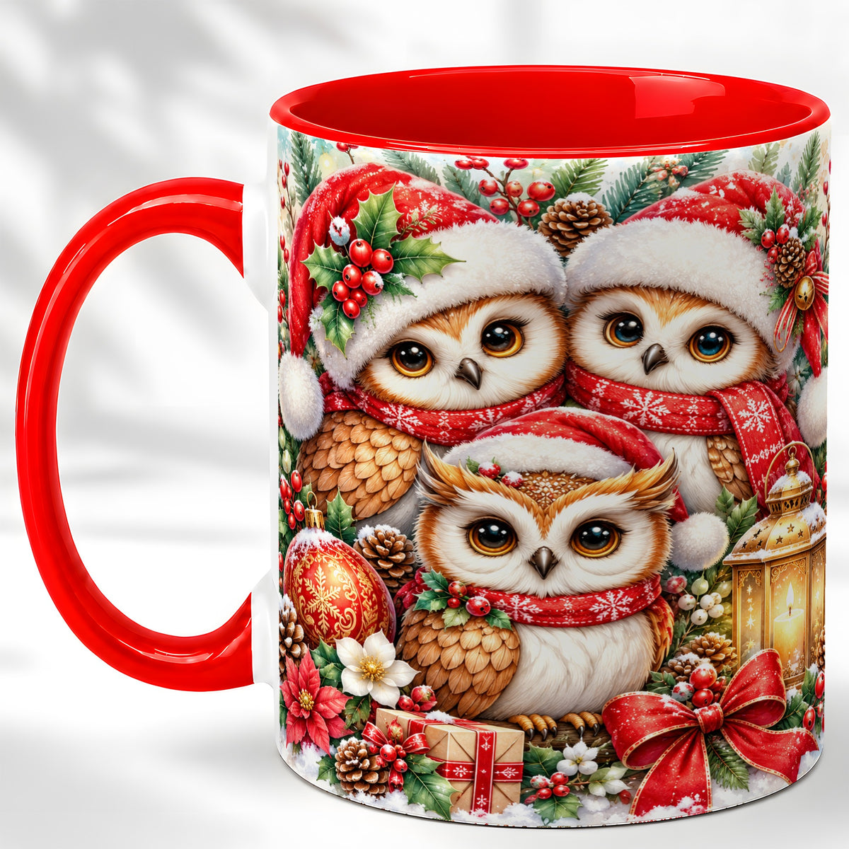 Christmas Owl Family Coffee Mug, Winter Bird Mug, Ceramic Cup