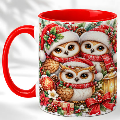 Christmas Owl Family Coffee Mug, Winter Bird Mug, Ceramic Cup