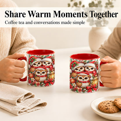 #pl[11oz|Red] Christmas Owl Family Coffee Mug, Winter Bird Mug, Ceramic Cup
