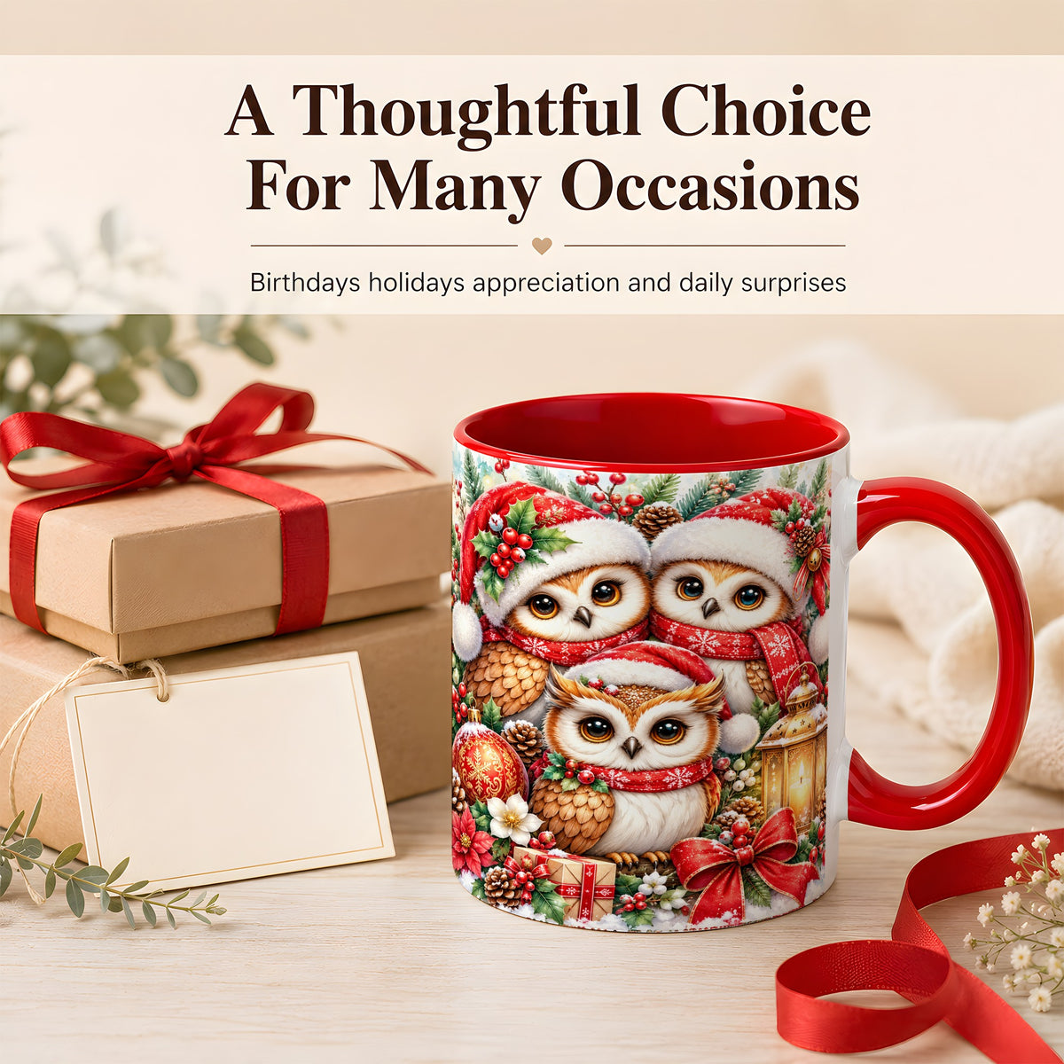 #pl[11oz|Red] Christmas Owl Family Coffee Mug, Winter Bird Mug, Ceramic Cup