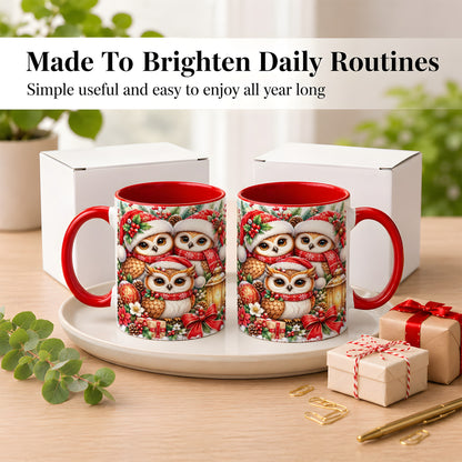#pl[11oz|Red] Christmas Owl Family Coffee Mug, Winter Bird Mug, Ceramic Cup