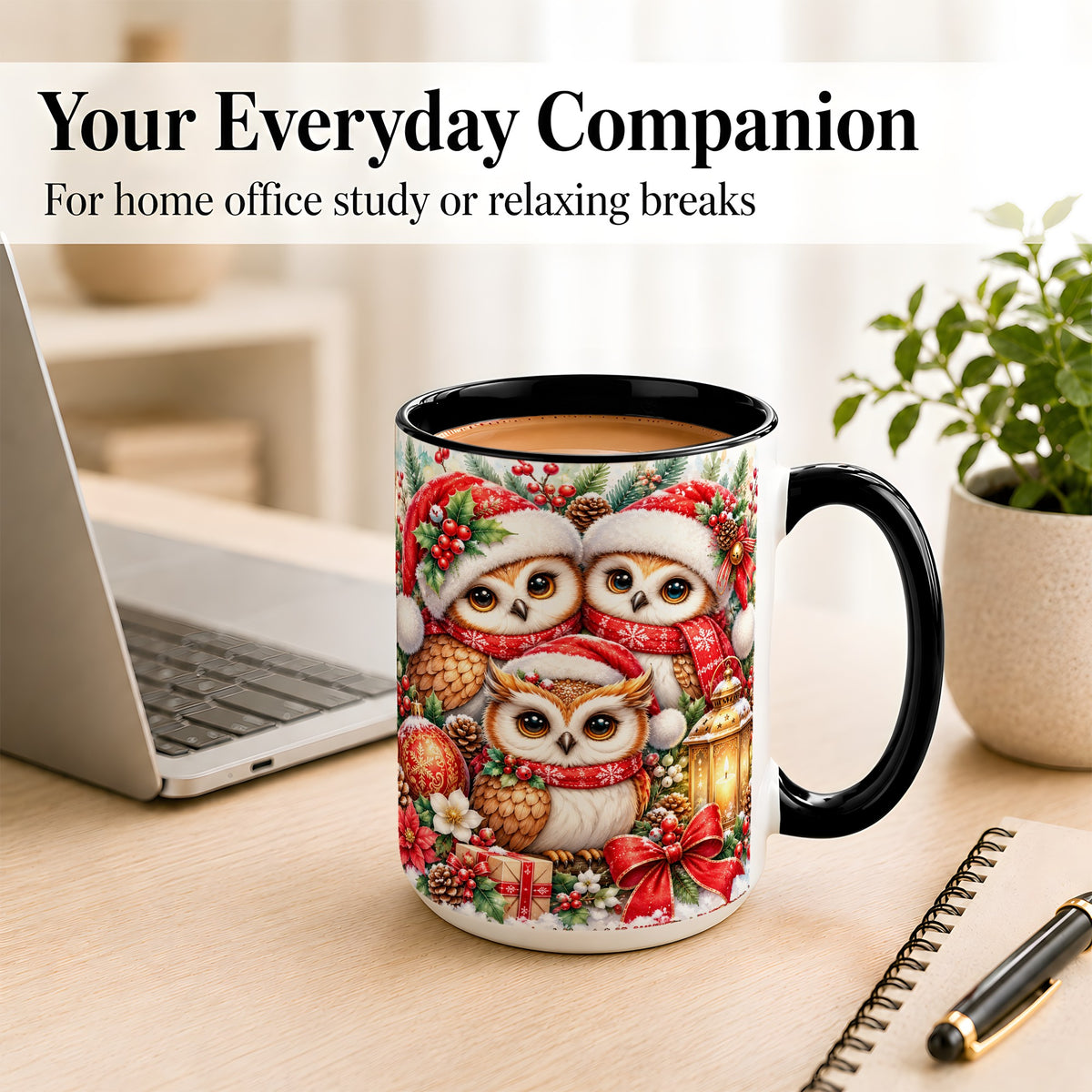 #pl[15oz|Black] Christmas Owl Family Coffee Mug, Winter Bird Mug, Ceramic Cup