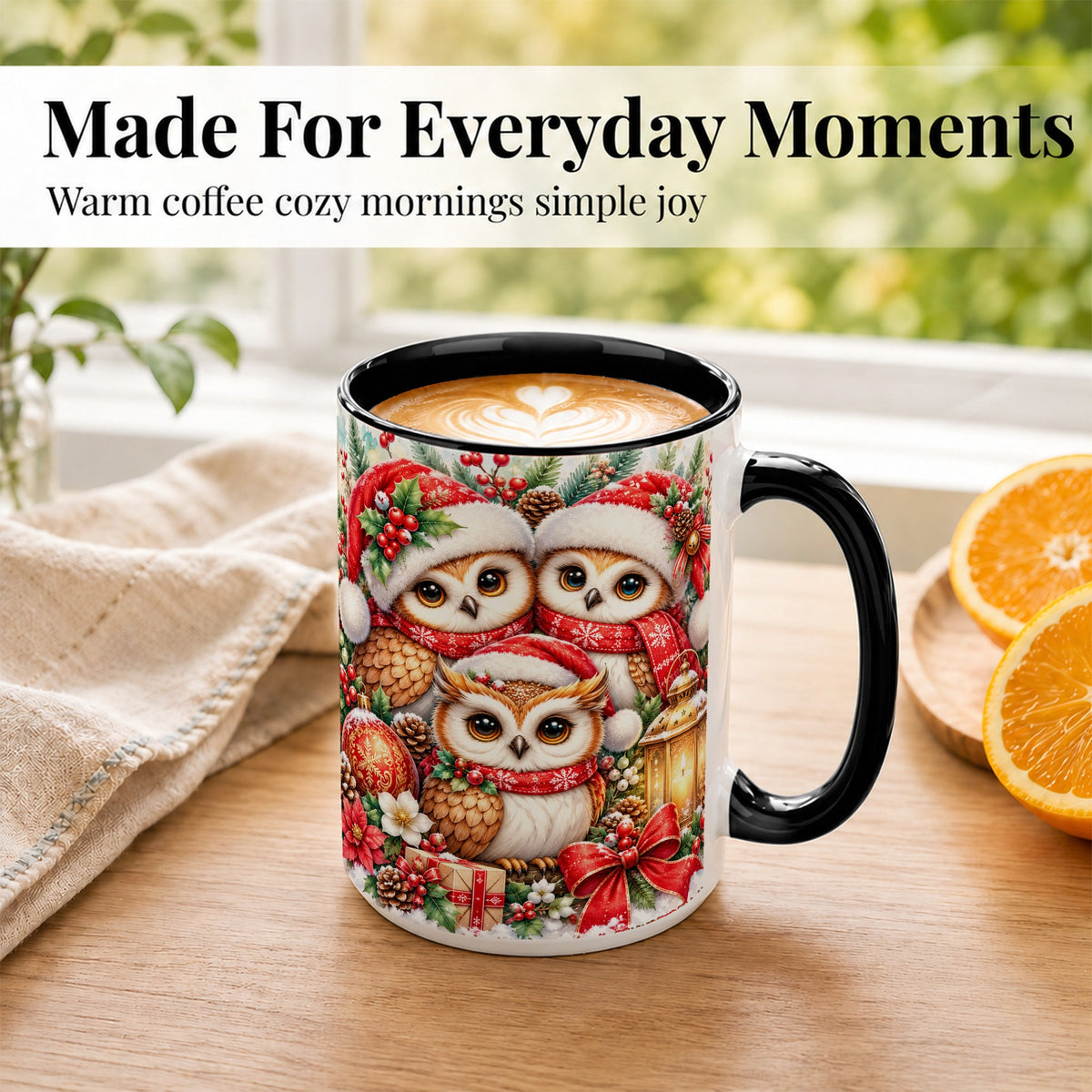 #pl[15oz|Black] Christmas Owl Family Coffee Mug, Winter Bird Mug, Ceramic Cup