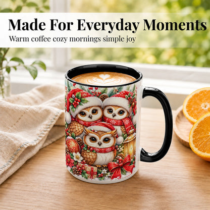 #pl[15oz|Black] Christmas Owl Family Coffee Mug, Winter Bird Mug, Ceramic Cup