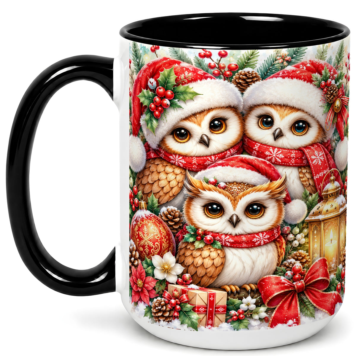 #pl[15oz|Black] Christmas Owl Family Coffee Mug, Winter Bird Mug, Ceramic Cup
