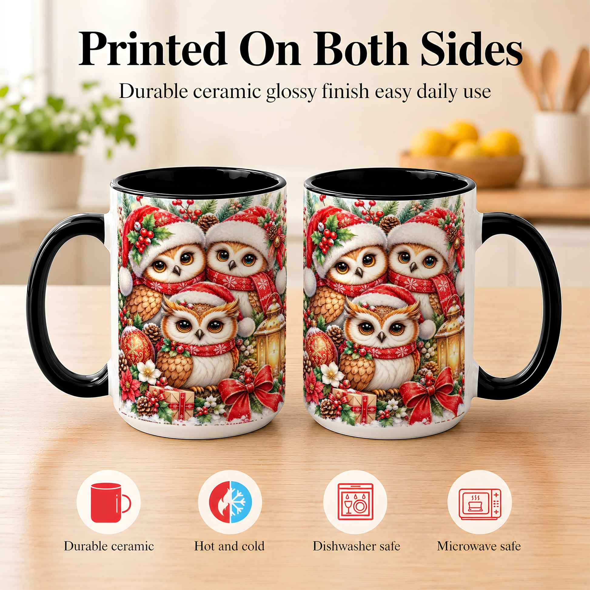 #pl[15oz|Black] Christmas Owl Family Coffee Mug, Winter Bird Mug, Ceramic Cup