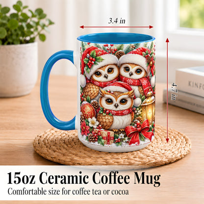 #pl[15oz|Blue] Christmas Owl Family Coffee Mug, Winter Bird Mug, Ceramic Cup