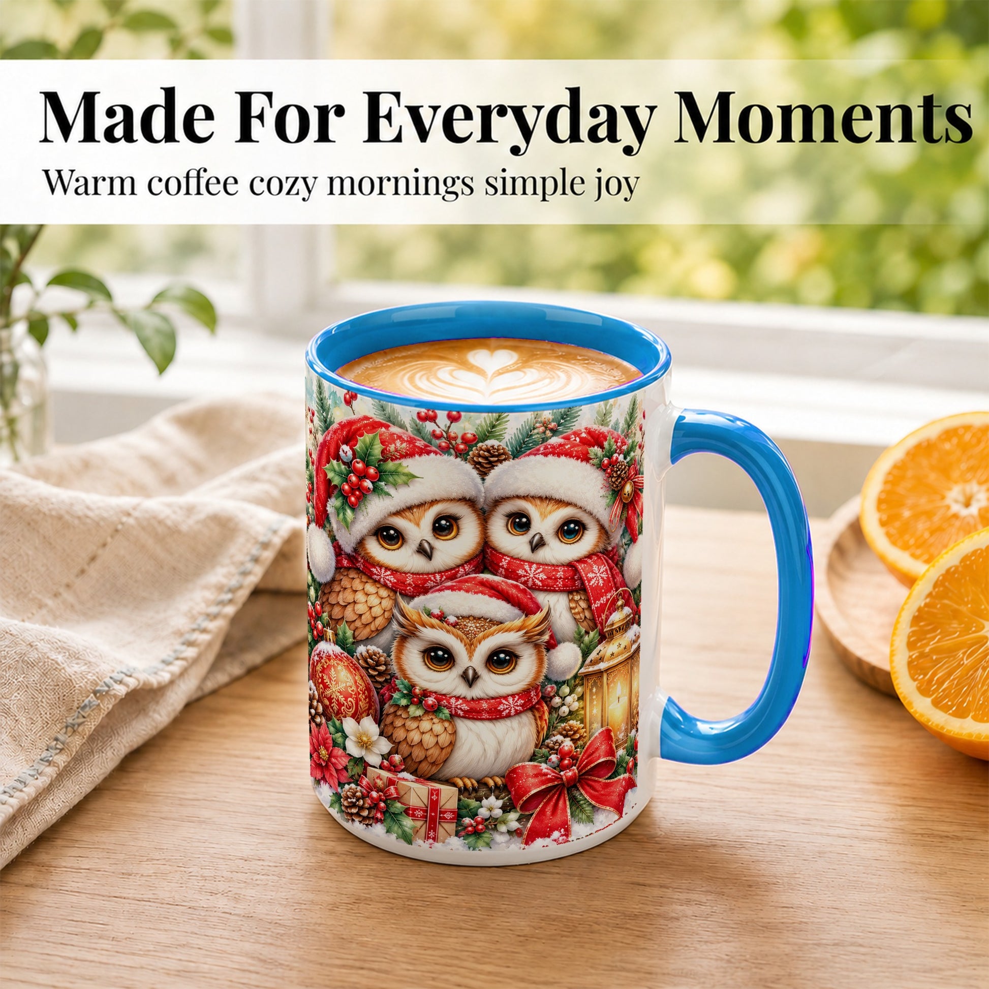 #pl[15oz|Blue] Christmas Owl Family Coffee Mug, Winter Bird Mug, Ceramic Cup