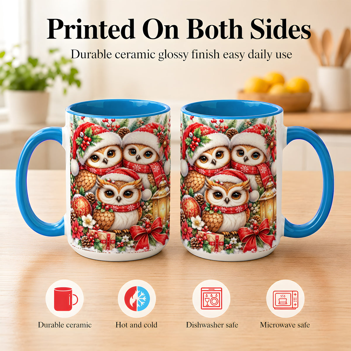 #pl[15oz|Blue] Christmas Owl Family Coffee Mug, Winter Bird Mug, Ceramic Cup