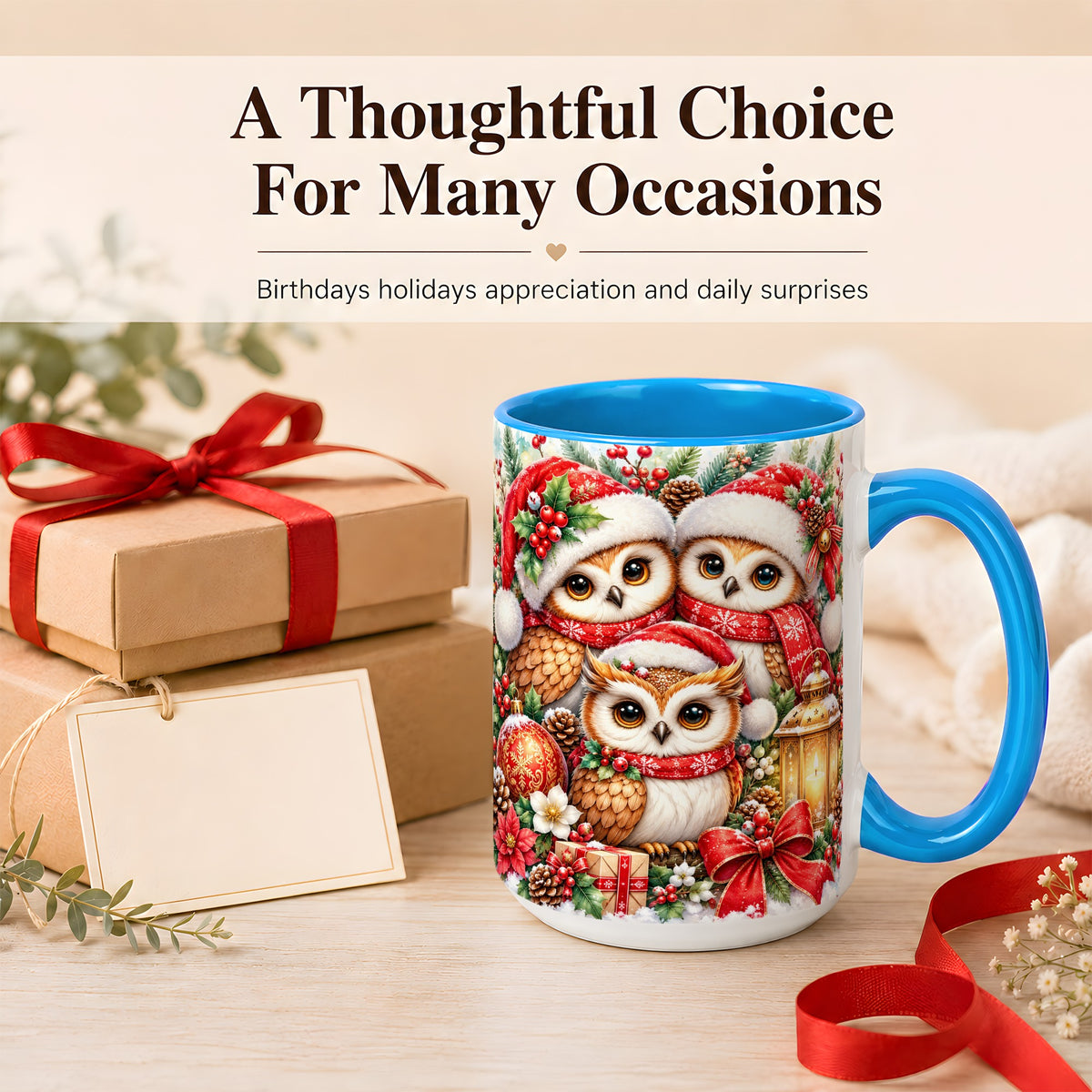 #pl[15oz|Blue] Christmas Owl Family Coffee Mug, Winter Bird Mug, Ceramic Cup