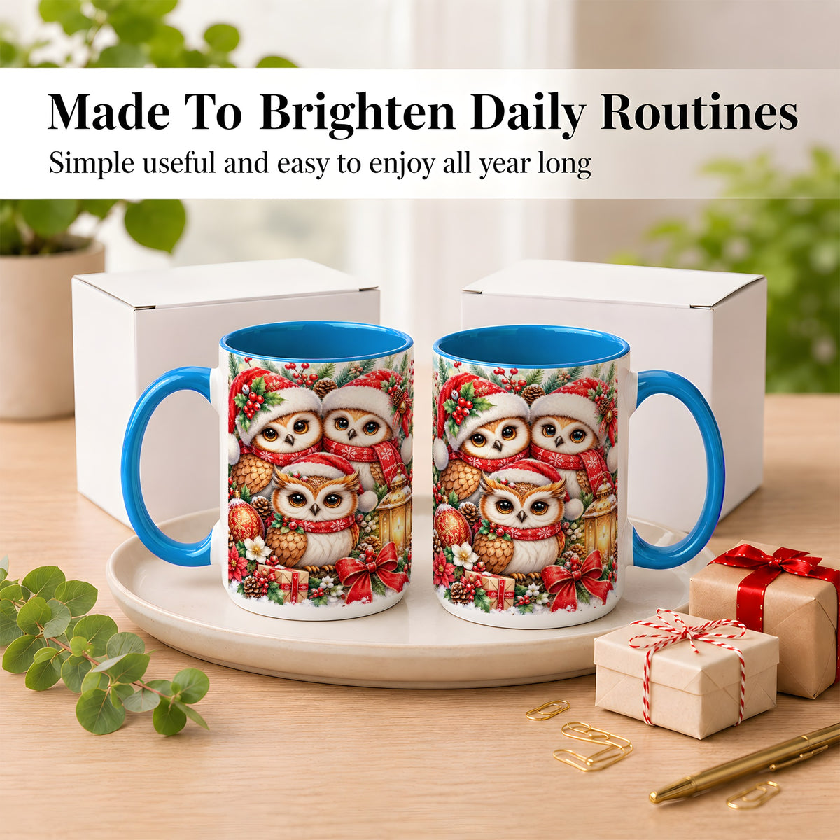 #pl[15oz|Blue] Christmas Owl Family Coffee Mug, Winter Bird Mug, Ceramic Cup