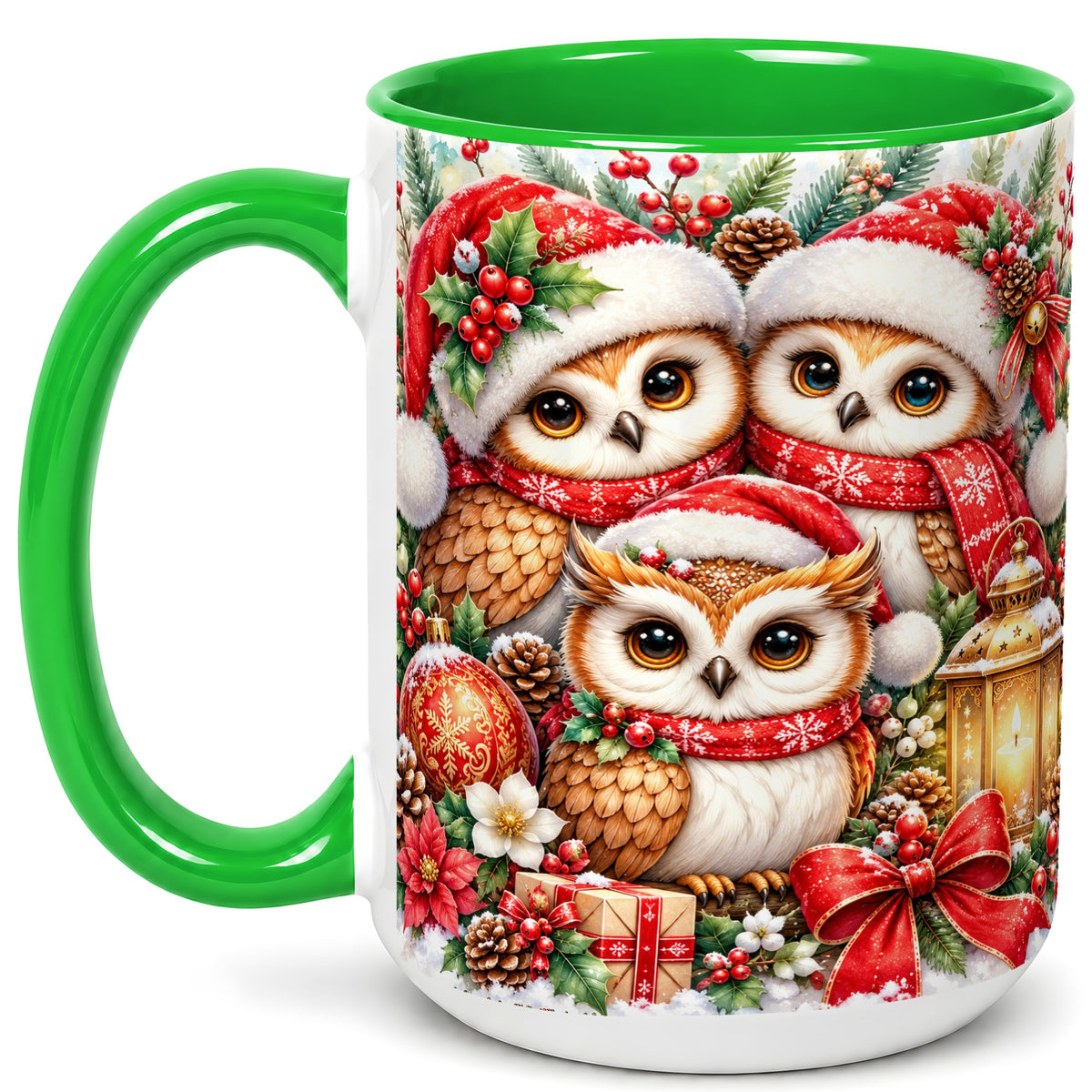 #pl[15oz|Green] Christmas Owl Family Coffee Mug, Winter Bird Mug, Ceramic Cup