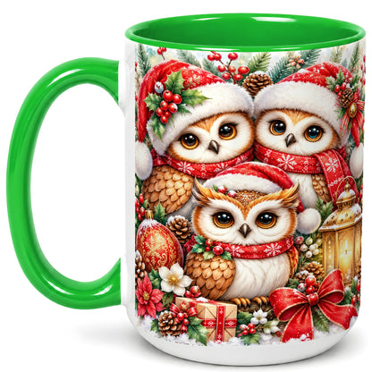 #pl[15oz|Green] Christmas Owl Family Coffee Mug, Winter Bird Mug, Ceramic Cup