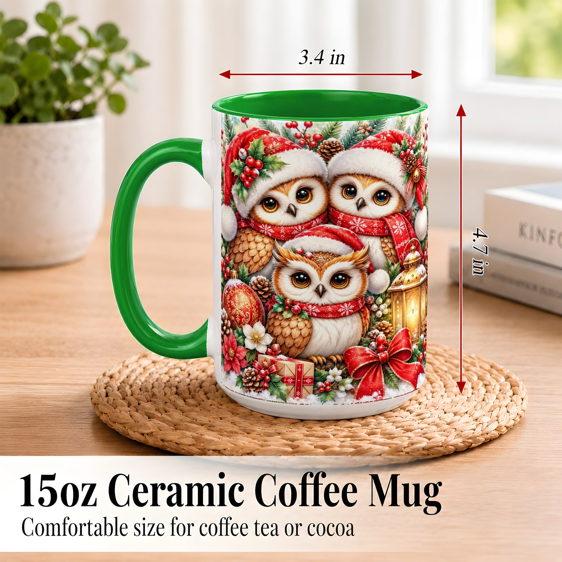 #pl[15oz|Green] Christmas Owl Family Coffee Mug, Winter Bird Mug, Ceramic Cup