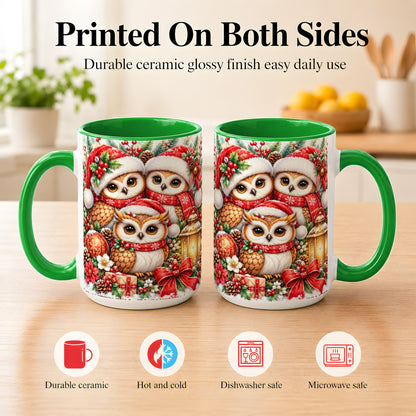#pl[15oz|Green] Christmas Owl Family Coffee Mug, Winter Bird Mug, Ceramic Cup