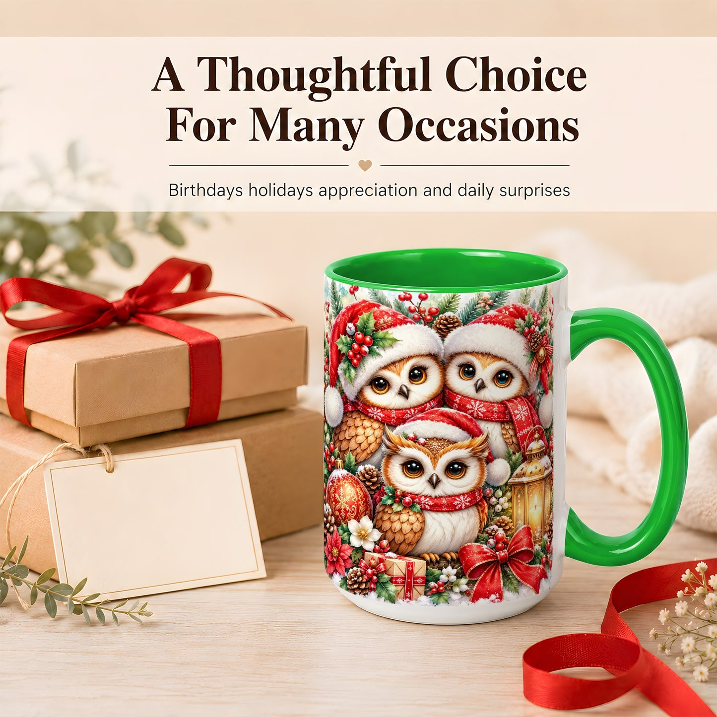 #pl[15oz|Green] Christmas Owl Family Coffee Mug, Winter Bird Mug, Ceramic Cup