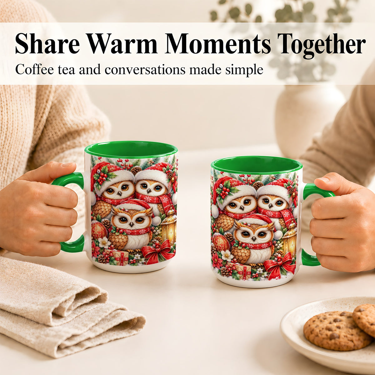 #pl[15oz|Green] Christmas Owl Family Coffee Mug, Winter Bird Mug, Ceramic Cup
