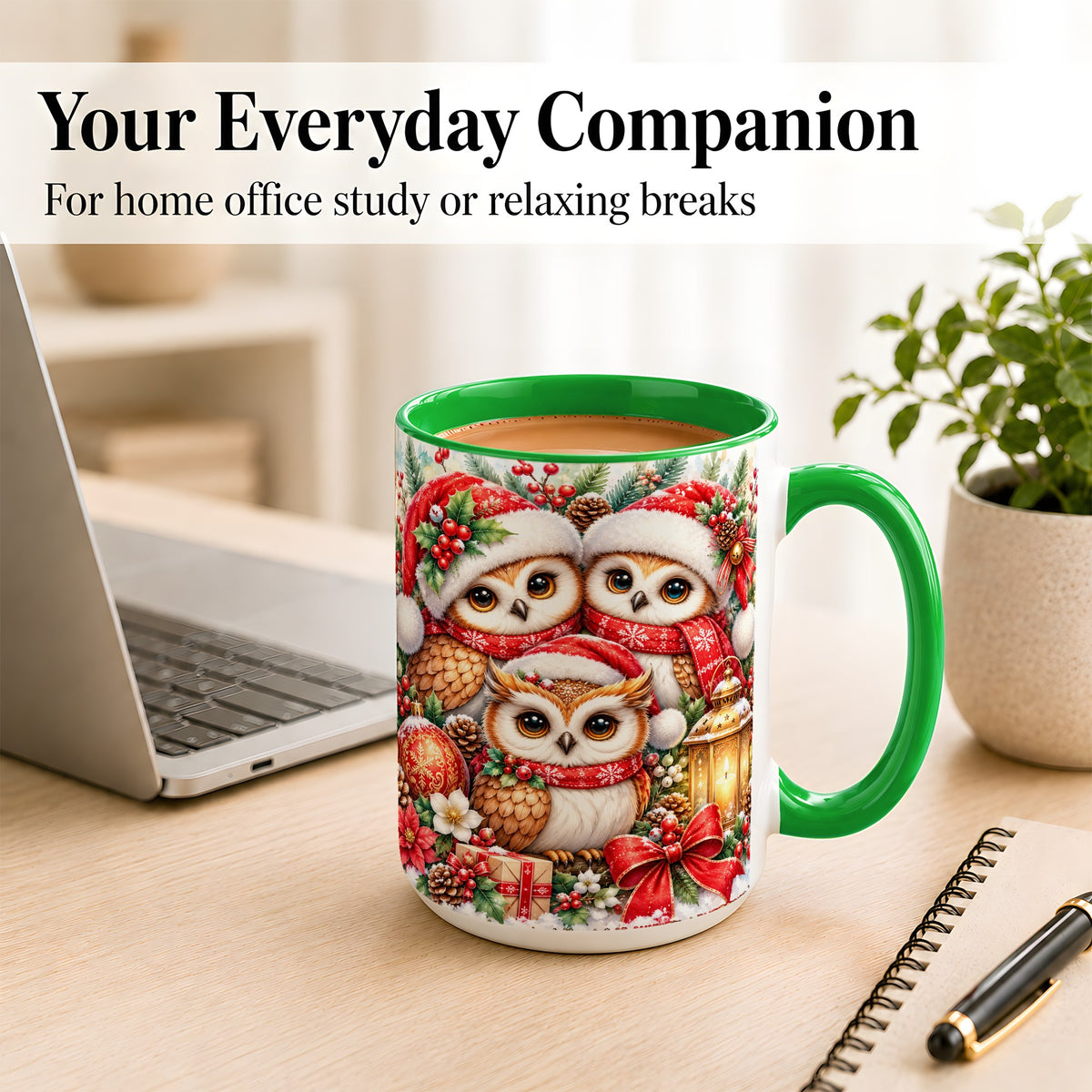 #pl[15oz|Green] Christmas Owl Family Coffee Mug, Winter Bird Mug, Ceramic Cup