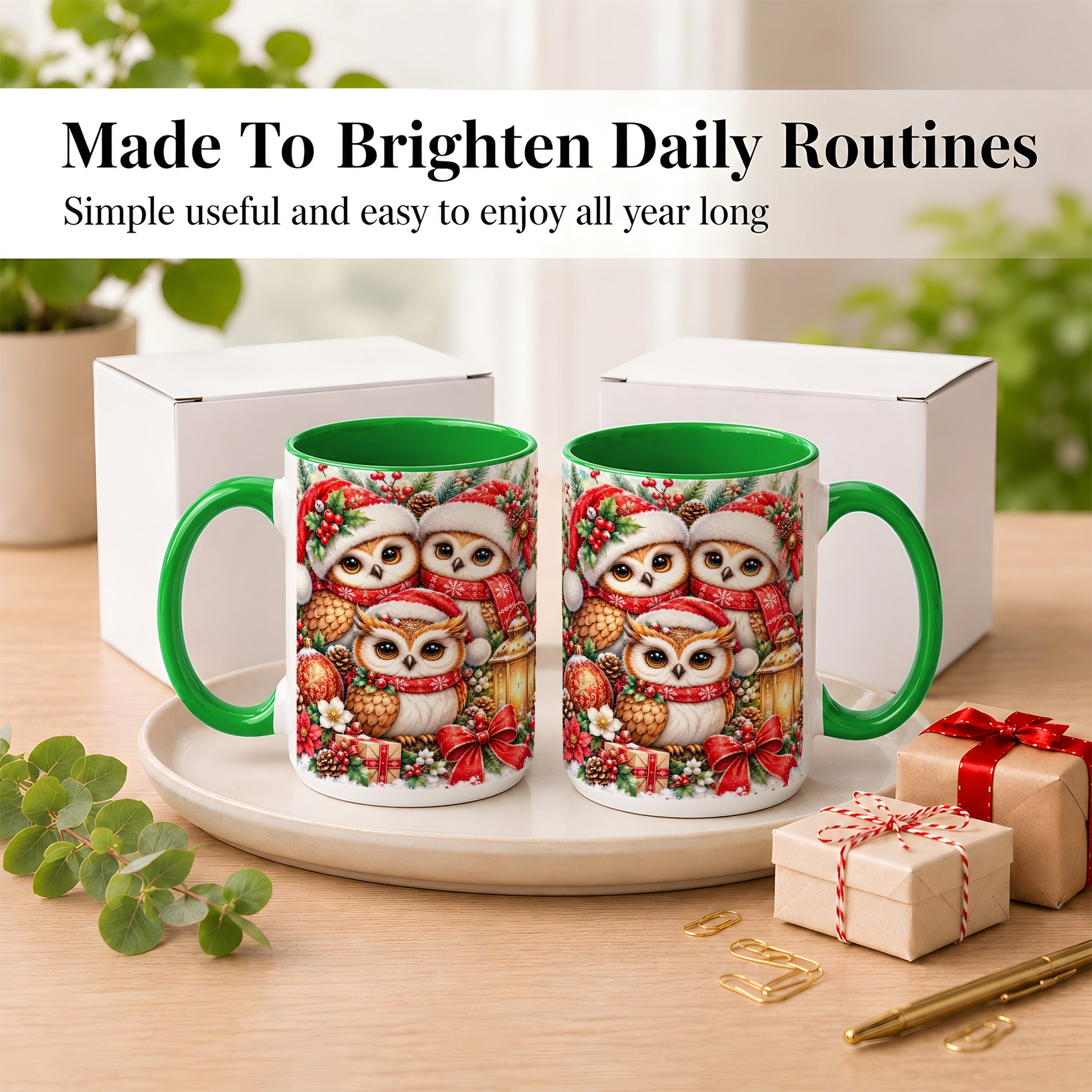 #pl[15oz|Green] Christmas Owl Family Coffee Mug, Winter Bird Mug, Ceramic Cup