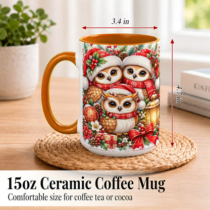 #pl[15oz|Orange] Christmas Owl Family Coffee Mug, Winter Bird Mug, Ceramic Cup