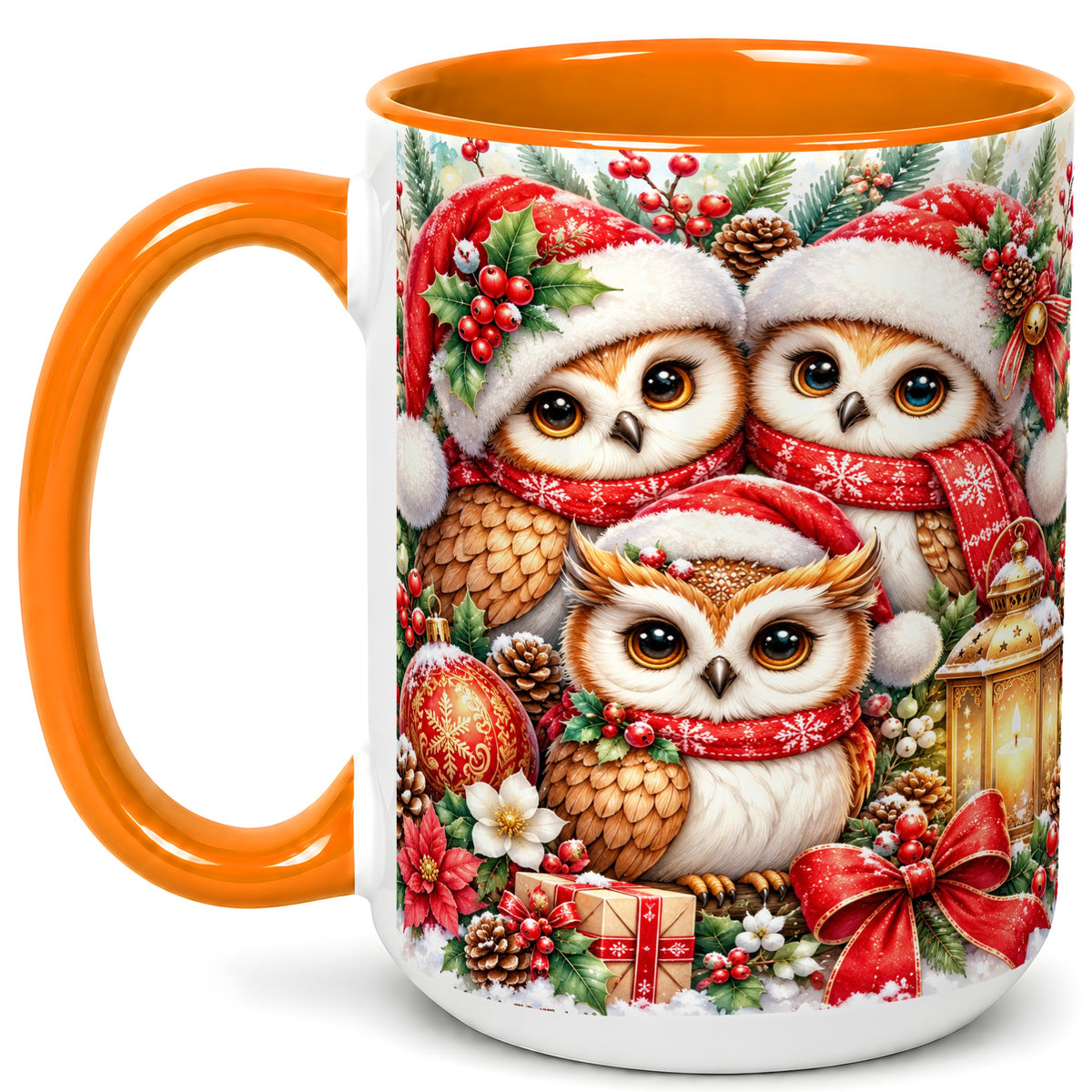 #pl[15oz|Orange] Christmas Owl Family Coffee Mug, Winter Bird Mug, Ceramic Cup