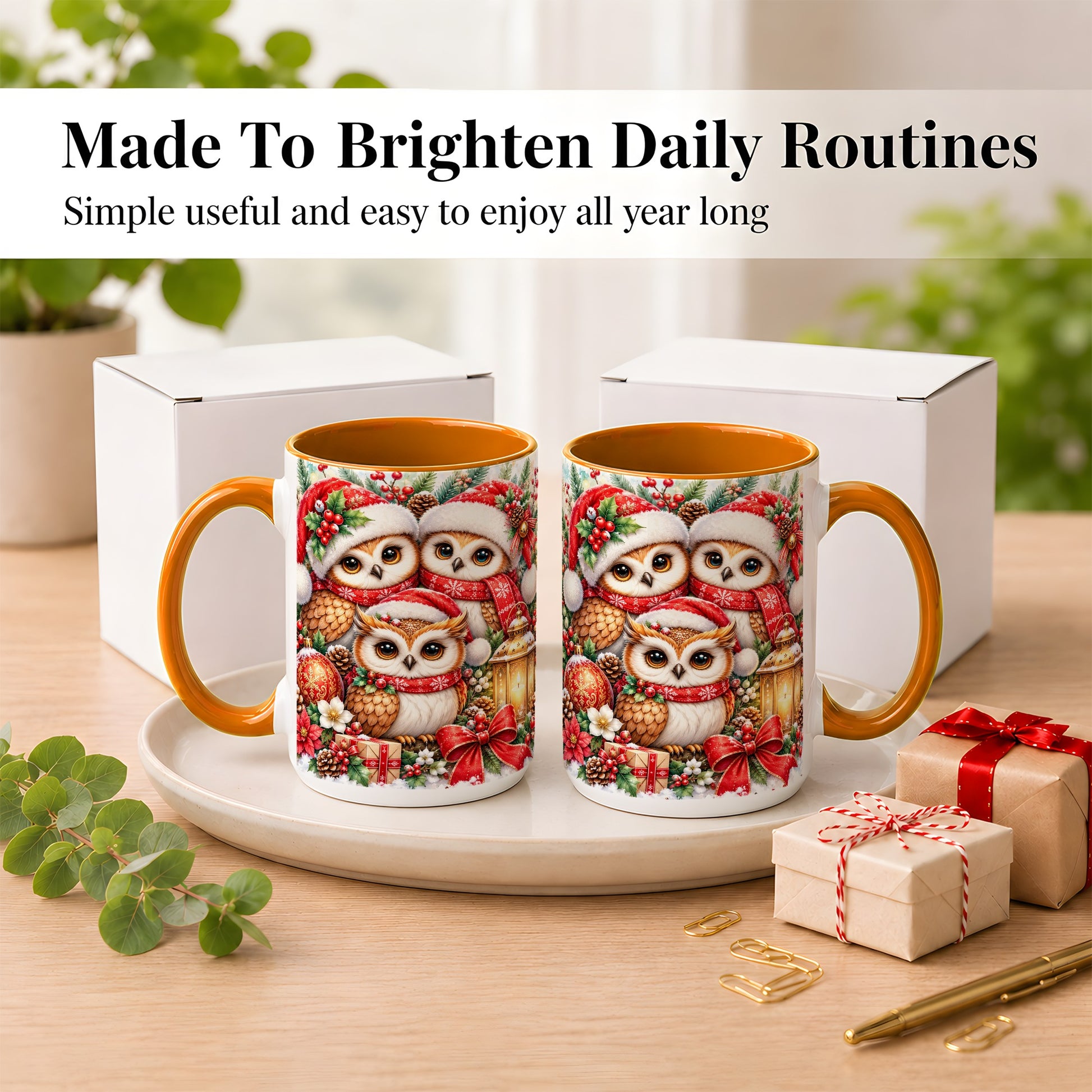 #pl[15oz|Orange] Christmas Owl Family Coffee Mug, Winter Bird Mug, Ceramic Cup