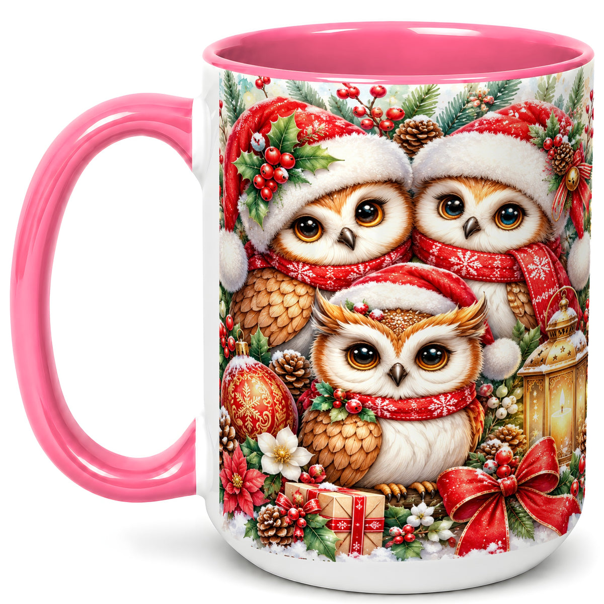 #pl[15oz|Pink] Christmas Owl Family Coffee Mug, Winter Bird Mug, Ceramic Cup