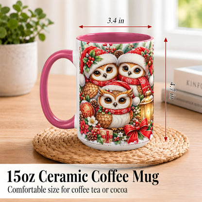 #pl[15oz|Pink] Christmas Owl Family Coffee Mug, Winter Bird Mug, Ceramic Cup