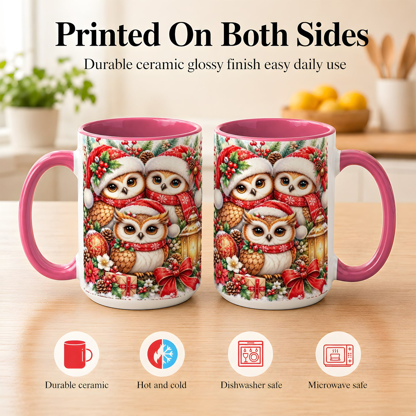 #pl[15oz|Pink] Christmas Owl Family Coffee Mug, Winter Bird Mug, Ceramic Cup