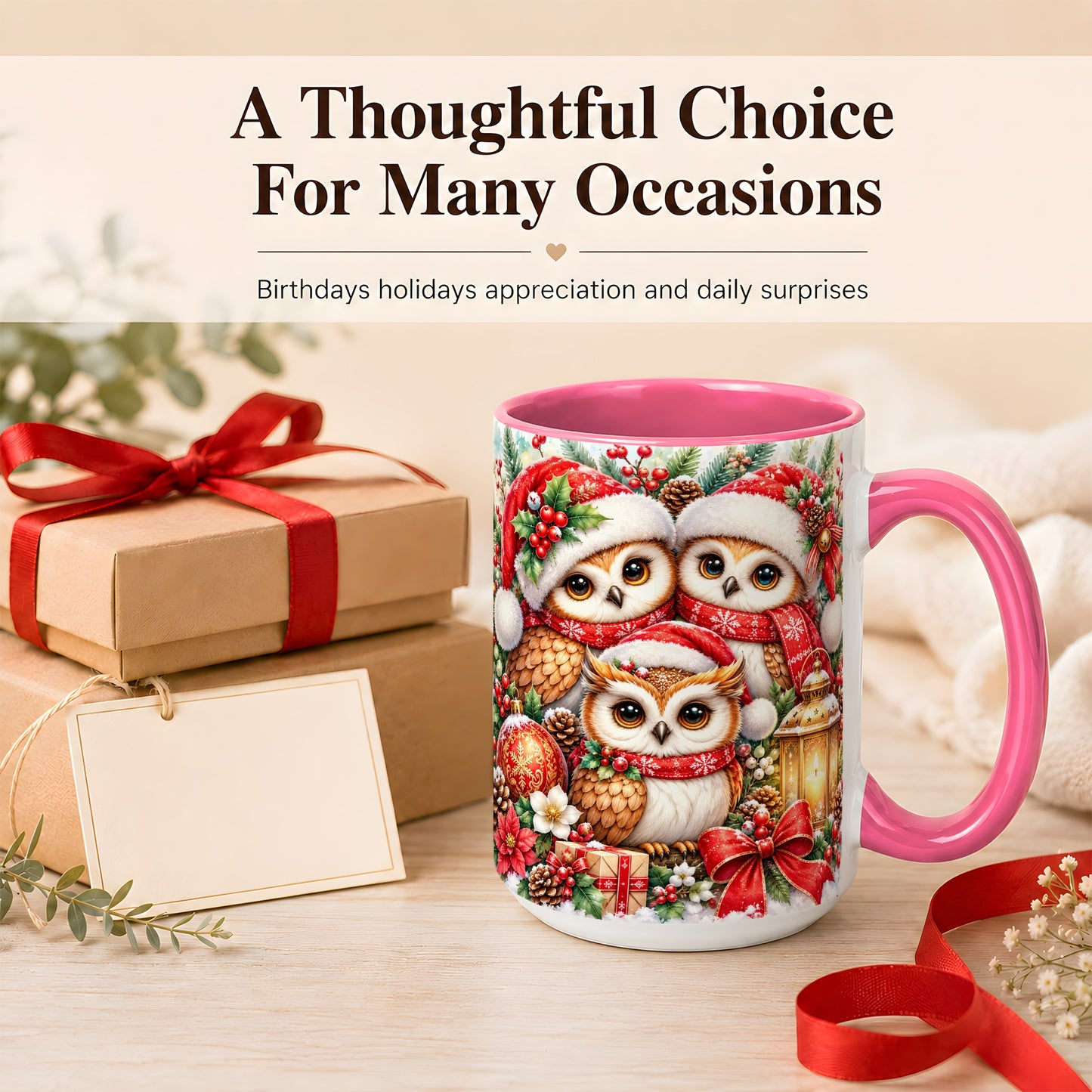 #pl[15oz|Pink] Christmas Owl Family Coffee Mug, Winter Bird Mug, Ceramic Cup