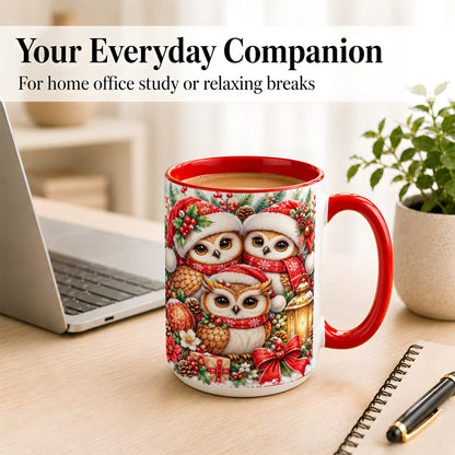 #pl[15oz|Red] Christmas Owl Family Coffee Mug, Winter Bird Mug, Ceramic Cup