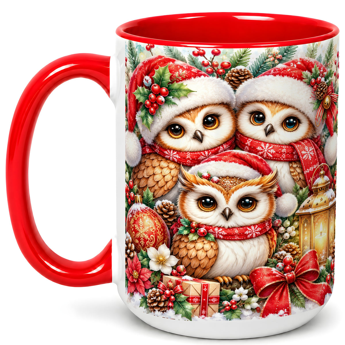 #pl[15oz|Red] Christmas Owl Family Coffee Mug, Winter Bird Mug, Ceramic Cup