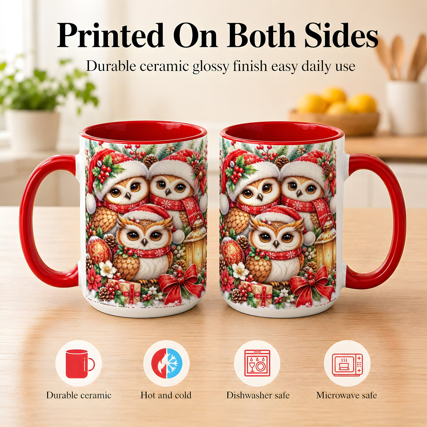 #pl[15oz|Red] Christmas Owl Family Coffee Mug, Winter Bird Mug, Ceramic Cup