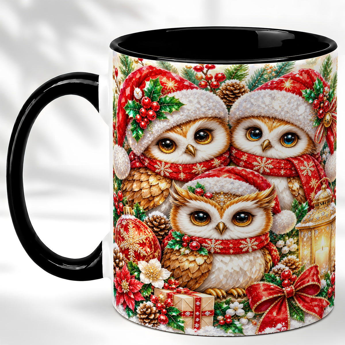 #pl[11oz|Black] Faceted Owl Family Coffee Mug, Christmas Owl Mug, Ceramic Cup