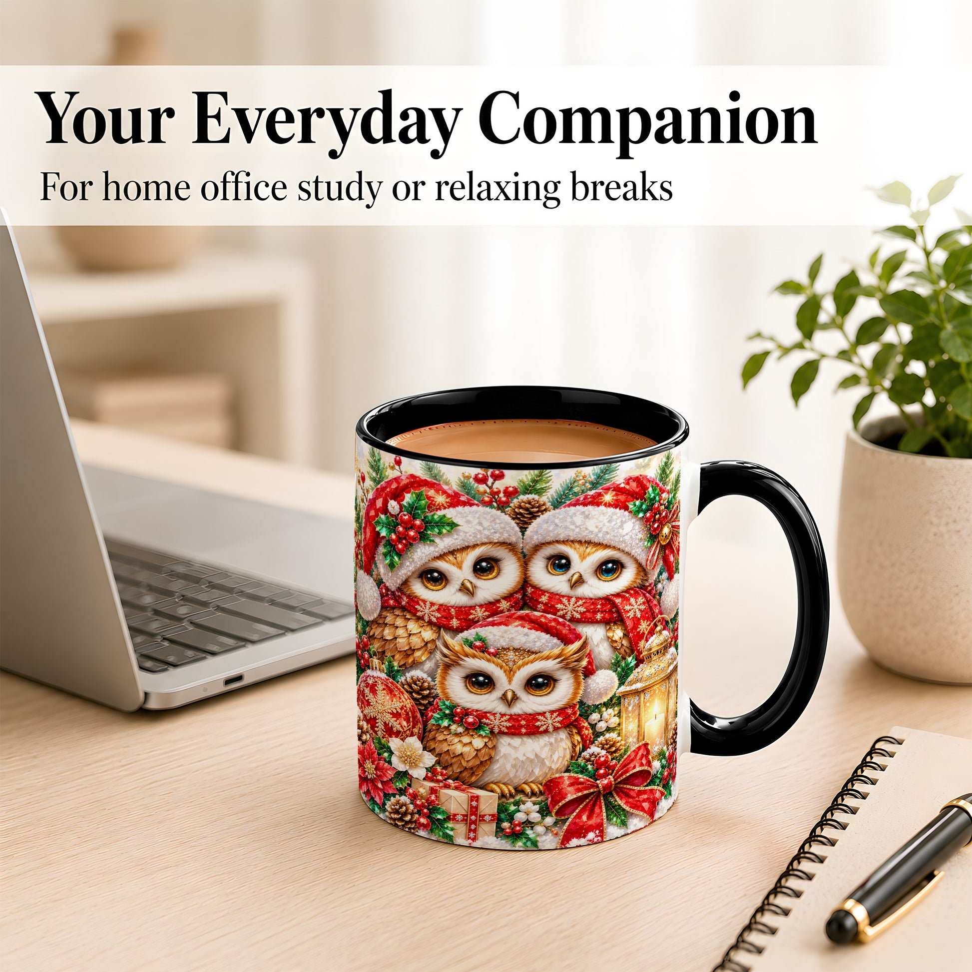 #pl[11oz|Black] Faceted Owl Family Coffee Mug, Christmas Owl Mug, Ceramic Cup