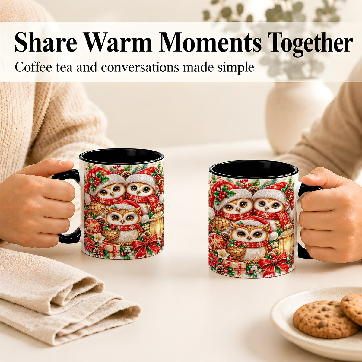 #pl[11oz|Black] Faceted Owl Family Coffee Mug, Christmas Owl Mug, Ceramic Cup