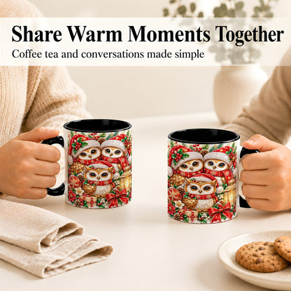 #pl[11oz|Black] Faceted Owl Family Coffee Mug, Christmas Owl Mug, Ceramic Cup