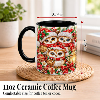 #pl[11oz|Black] Faceted Owl Family Coffee Mug, Christmas Owl Mug, Ceramic Cup
