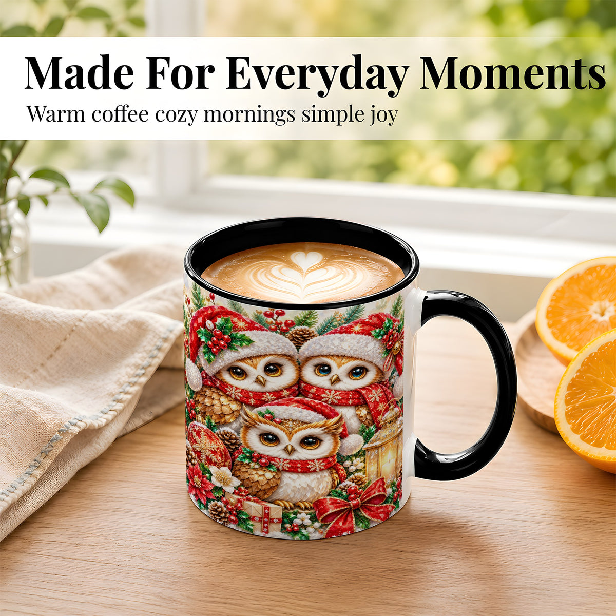 #pl[11oz|Black] Faceted Owl Family Coffee Mug, Christmas Owl Mug, Ceramic Cup