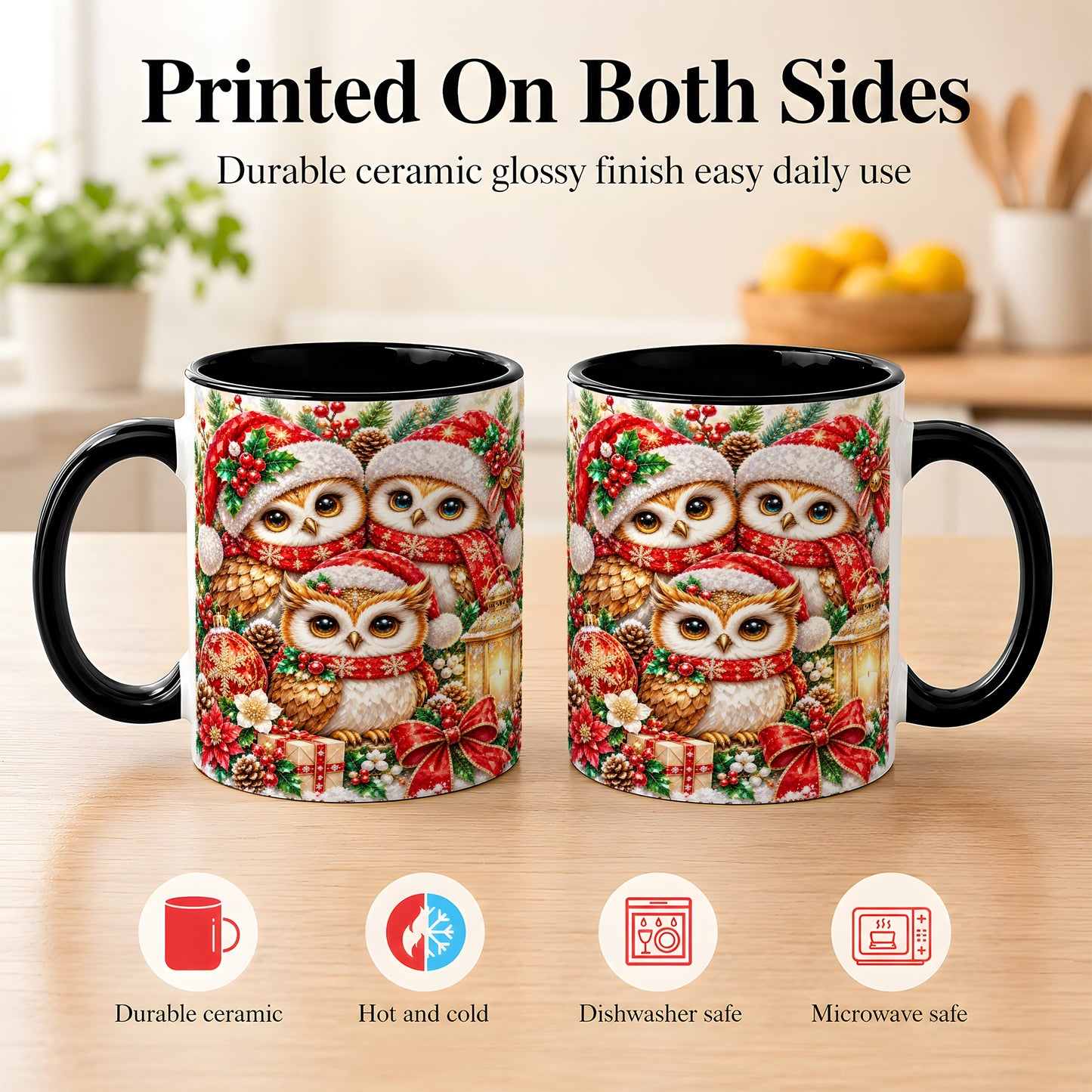 #pl[11oz|Black] Faceted Owl Family Coffee Mug, Christmas Owl Mug, Ceramic Cup