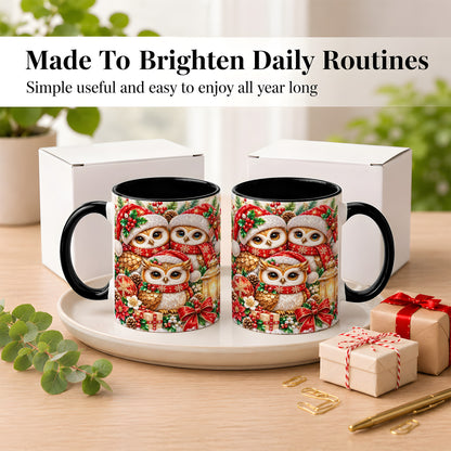 #pl[11oz|Black] Faceted Owl Family Coffee Mug, Christmas Owl Mug, Ceramic Cup