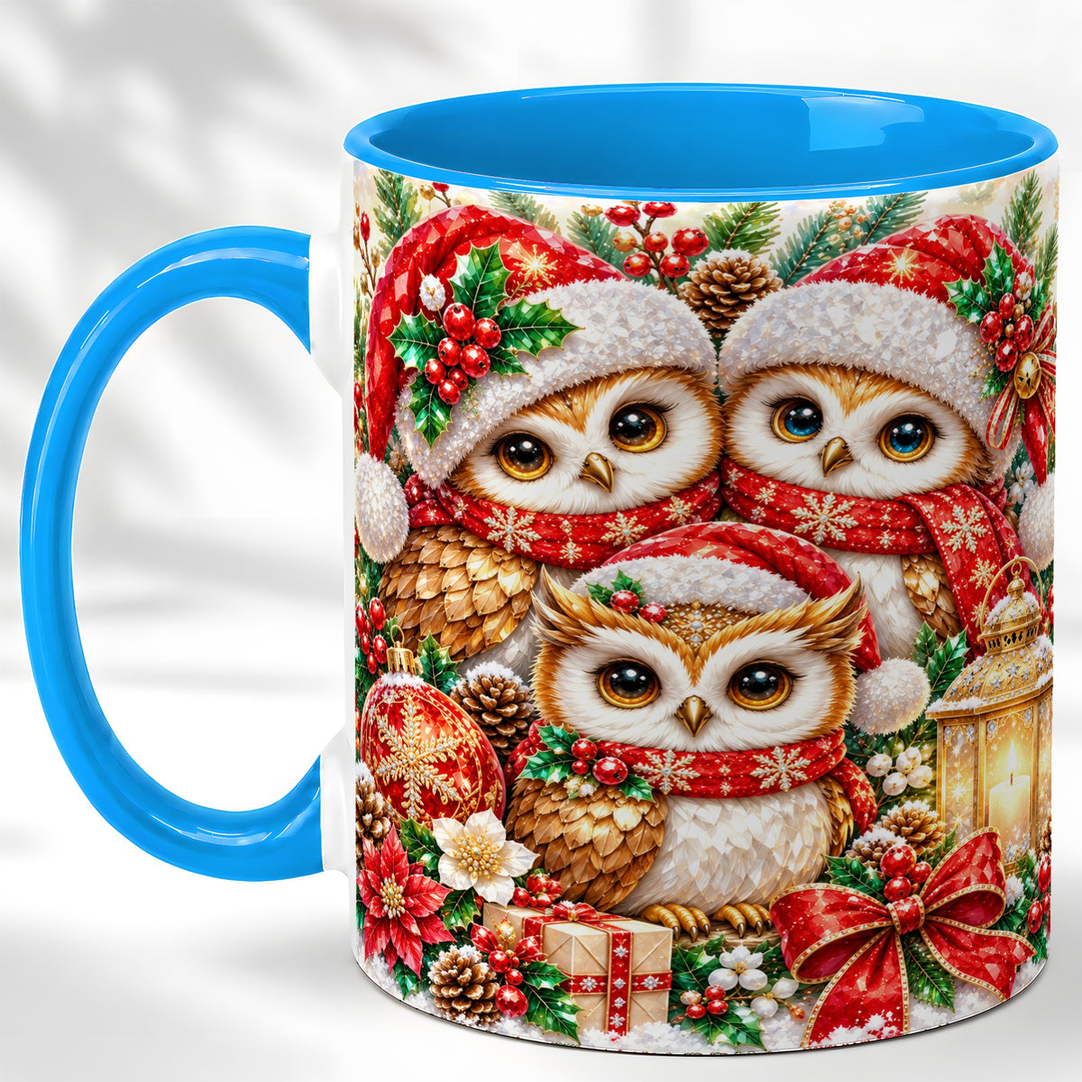 #pl[11oz|Blue] Faceted Owl Family Coffee Mug, Christmas Owl Mug, Ceramic Cup
