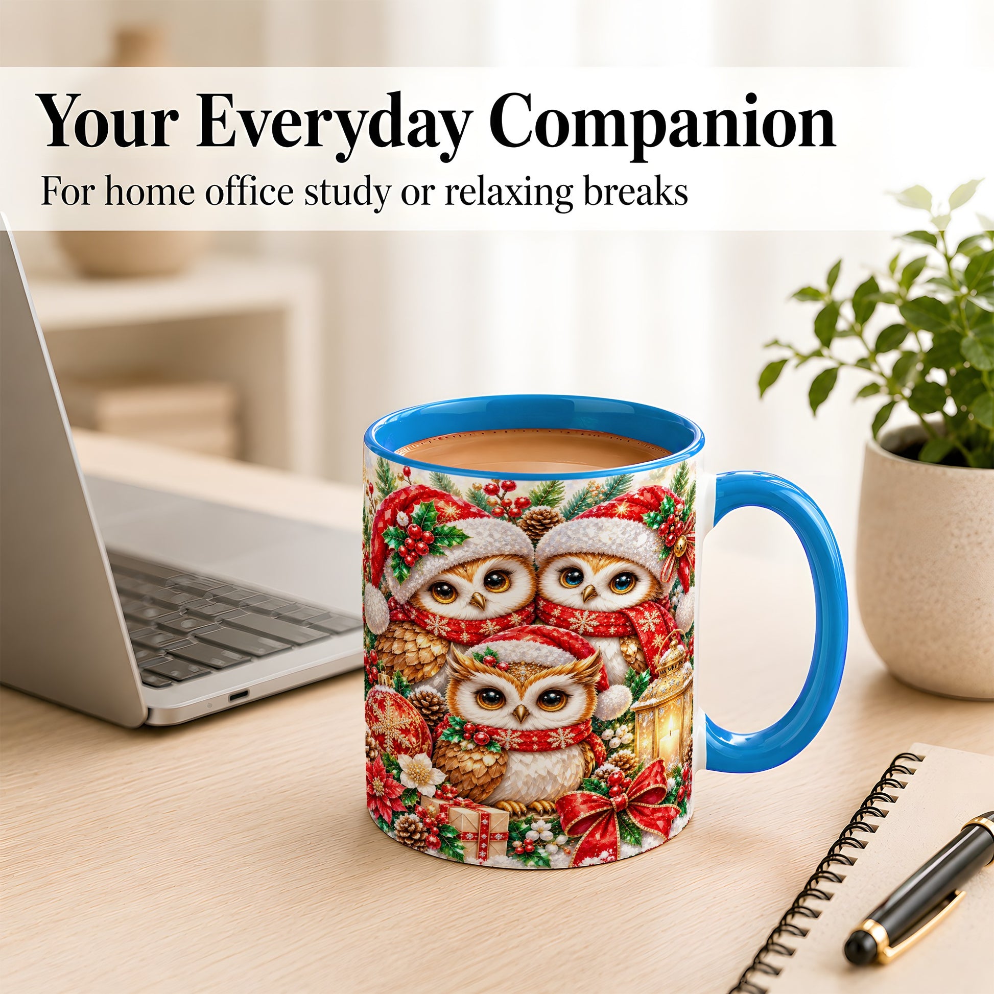 #pl[11oz|Blue] Faceted Owl Family Coffee Mug, Christmas Owl Mug, Ceramic Cup