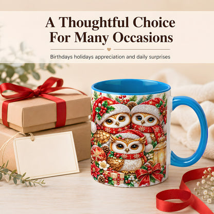 #pl[11oz|Blue] Faceted Owl Family Coffee Mug, Christmas Owl Mug, Ceramic Cup