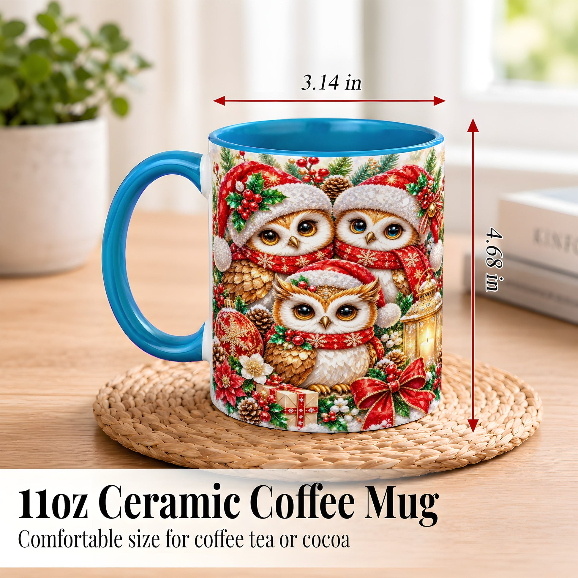 #pl[11oz|Blue] Faceted Owl Family Coffee Mug, Christmas Owl Mug, Ceramic Cup