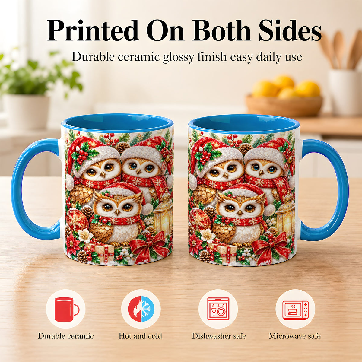 #pl[11oz|Blue] Faceted Owl Family Coffee Mug, Christmas Owl Mug, Ceramic Cup