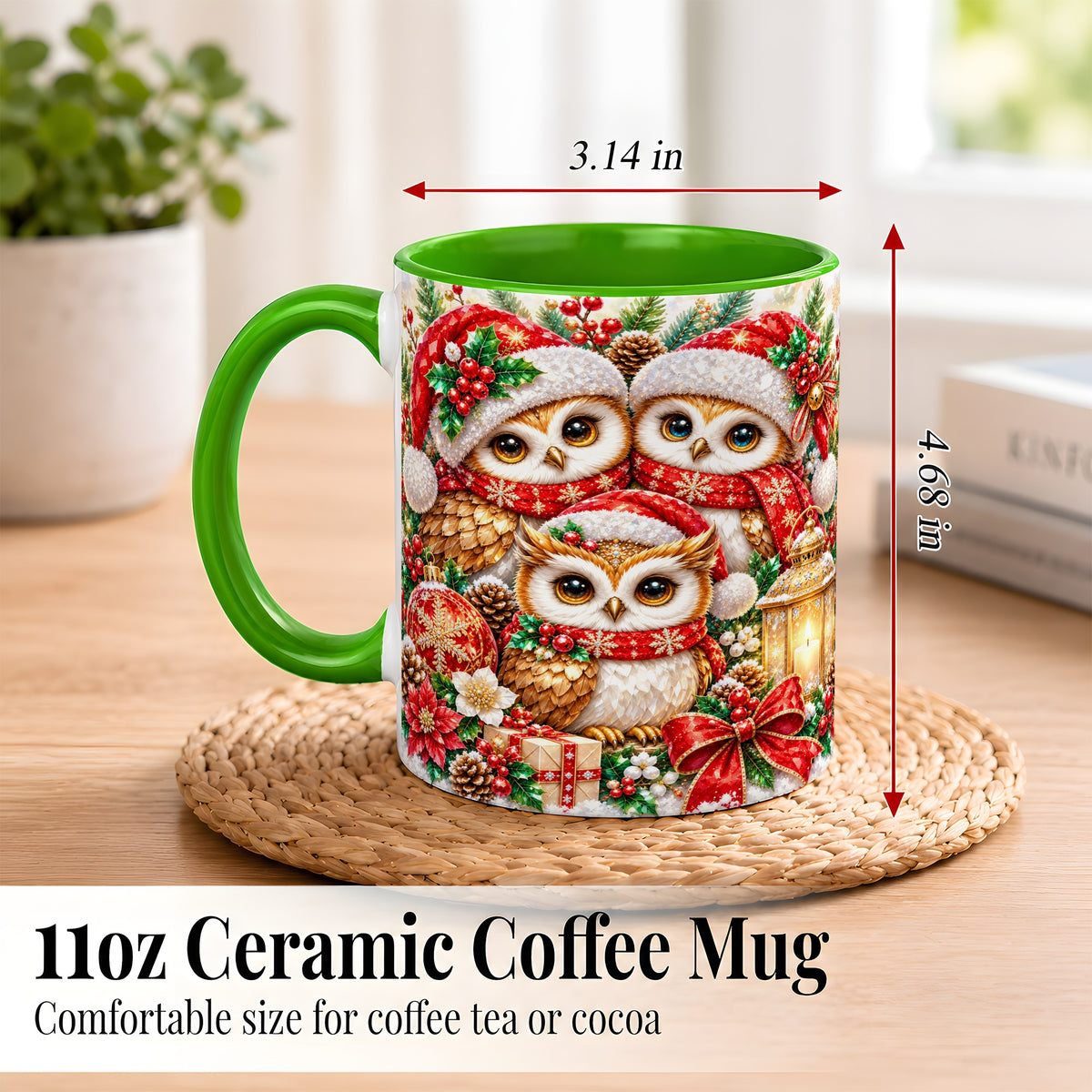 #pl[11oz|Green] Faceted Owl Family Coffee Mug, Christmas Owl Mug, Ceramic Cup