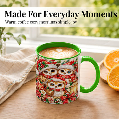 #pl[11oz|Green] Faceted Owl Family Coffee Mug, Christmas Owl Mug, Ceramic Cup