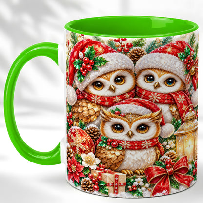 #pl[11oz|Green] Faceted Owl Family Coffee Mug, Christmas Owl Mug, Ceramic Cup